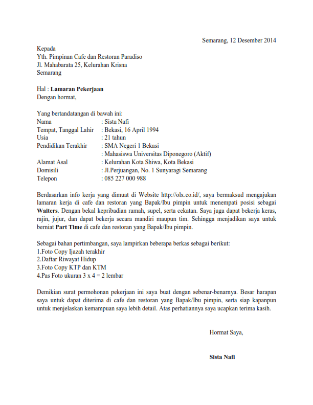 Contoh surat lamaran kerja
